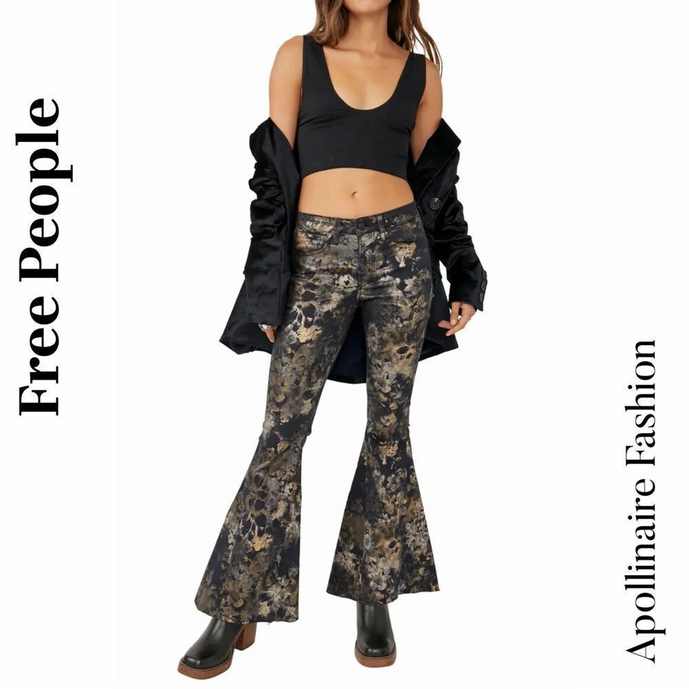 Free People Inferno Flare Black and Gold Patterned Stretch Pants Size 30